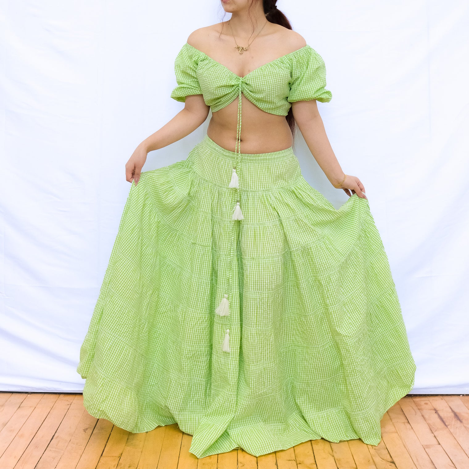 Gingham Puff Sleeve Crop Top