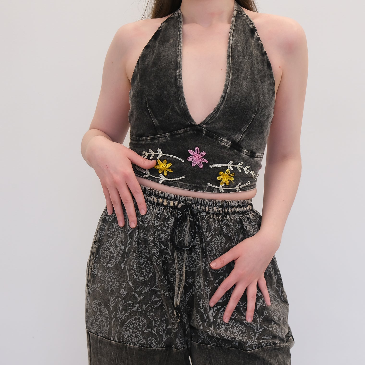 Boho Earthy Paisley Embroidered Flowy Pants with Reversible Bralette Set