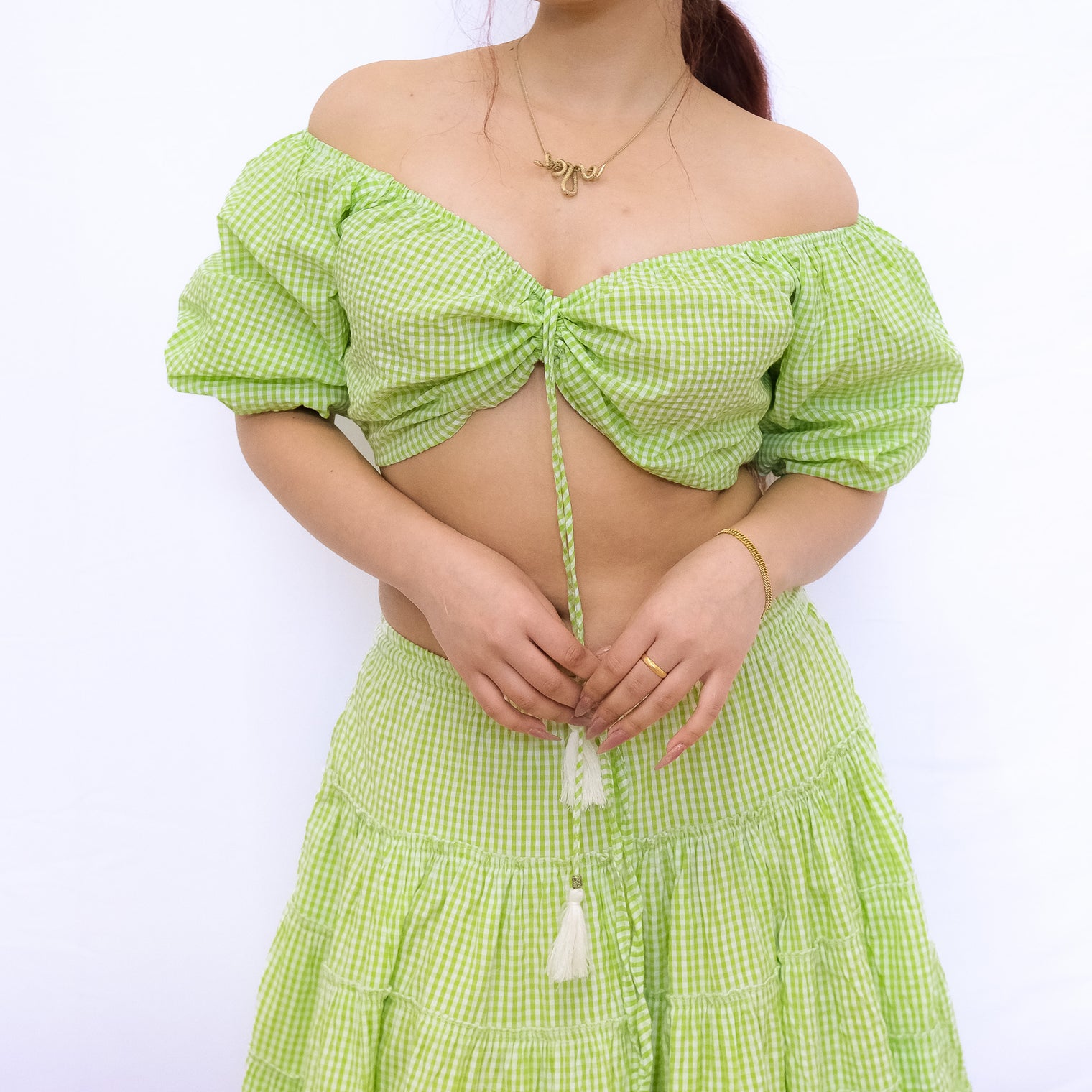 Gingham Flowy Skirt with Puff Sleeve Top