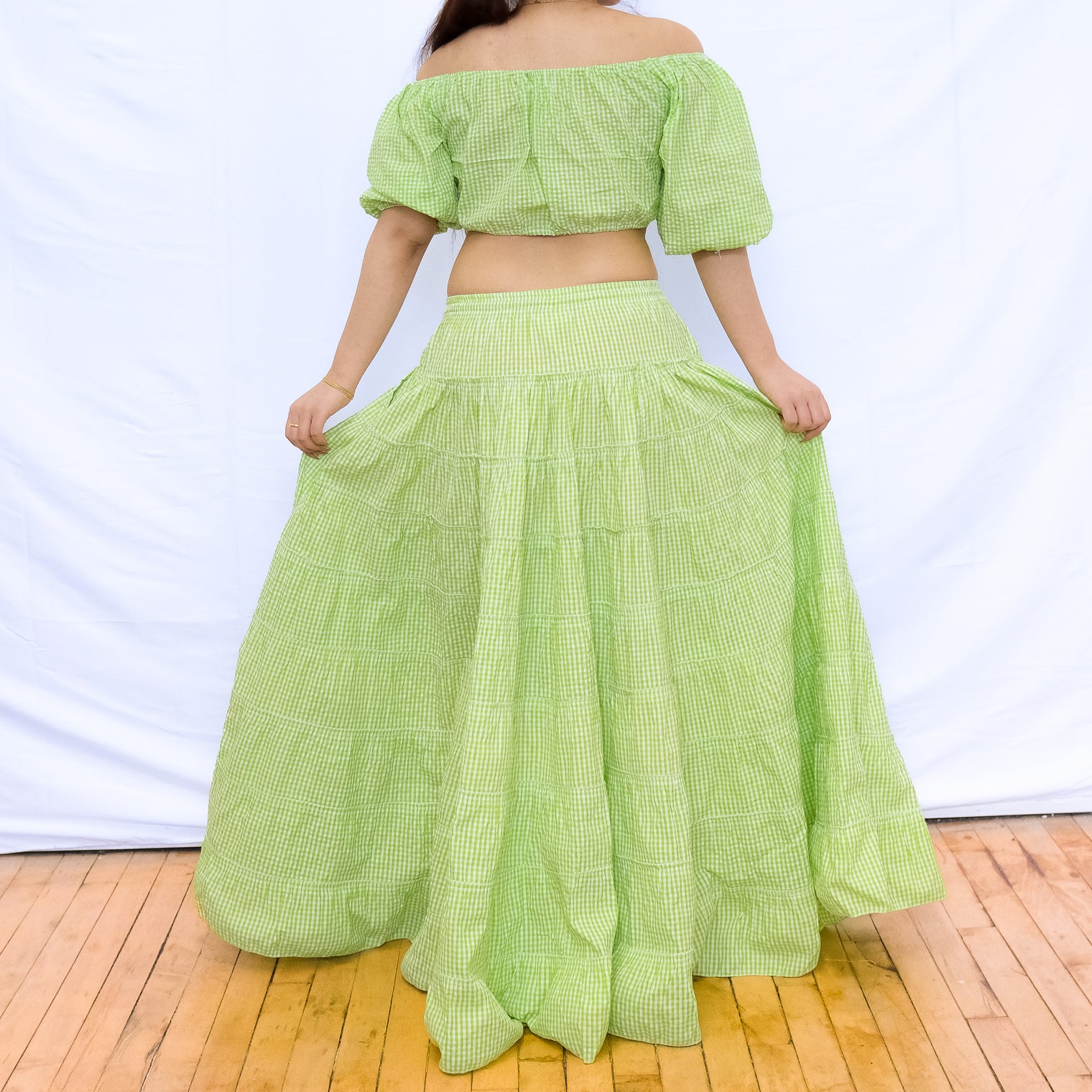 Gingham Flowy Skirt with Puff Sleeve Top