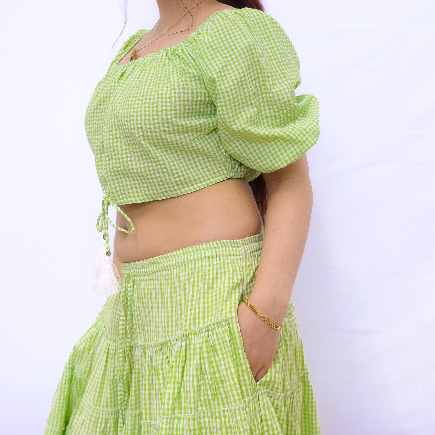 Gingham Puff Sleeve Crop Top