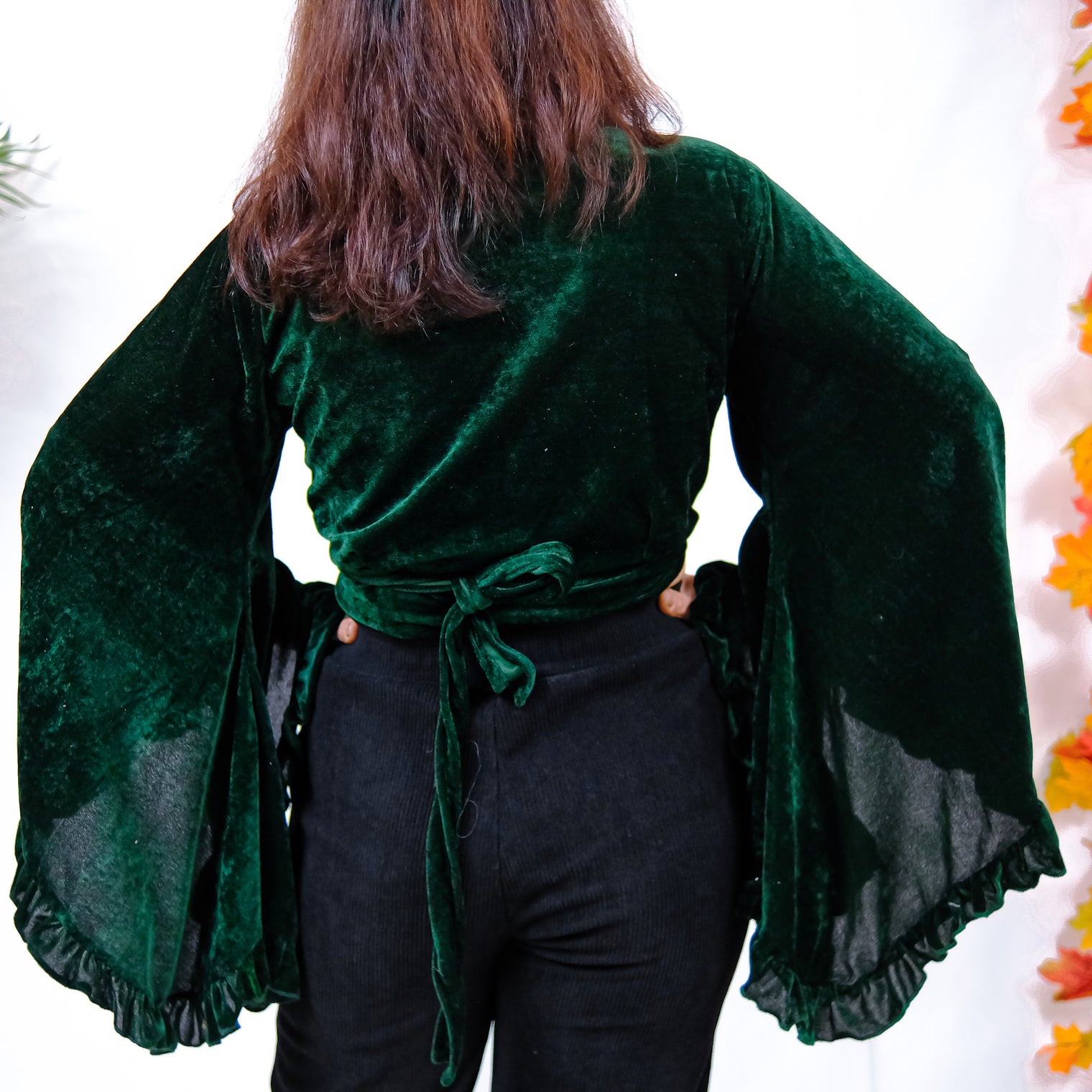 Velvet Boho Wrap Top with Ruffle Sleeve