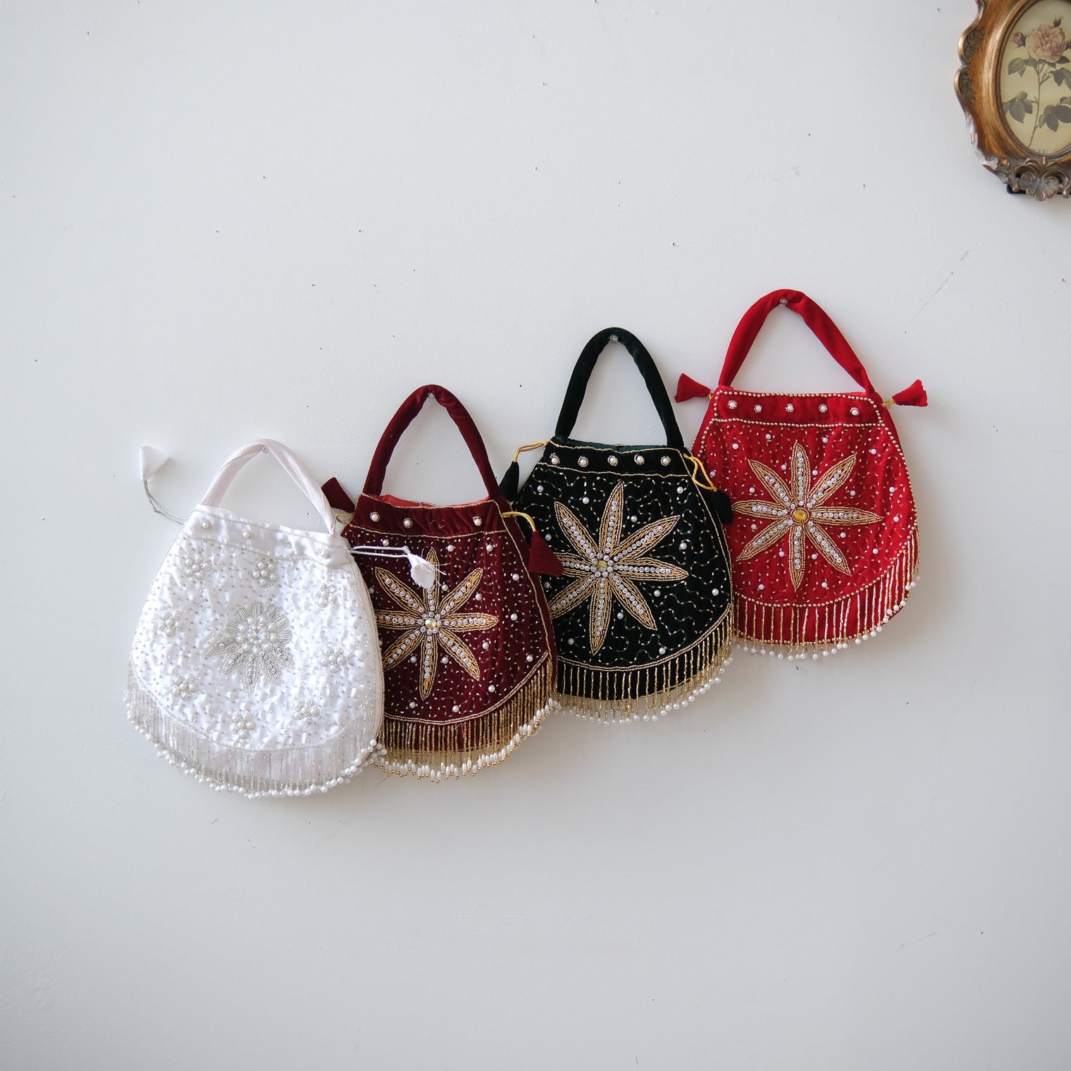 Handmade Velvet Embroidered Potli Bag with Beadwork & Pearl Fringe