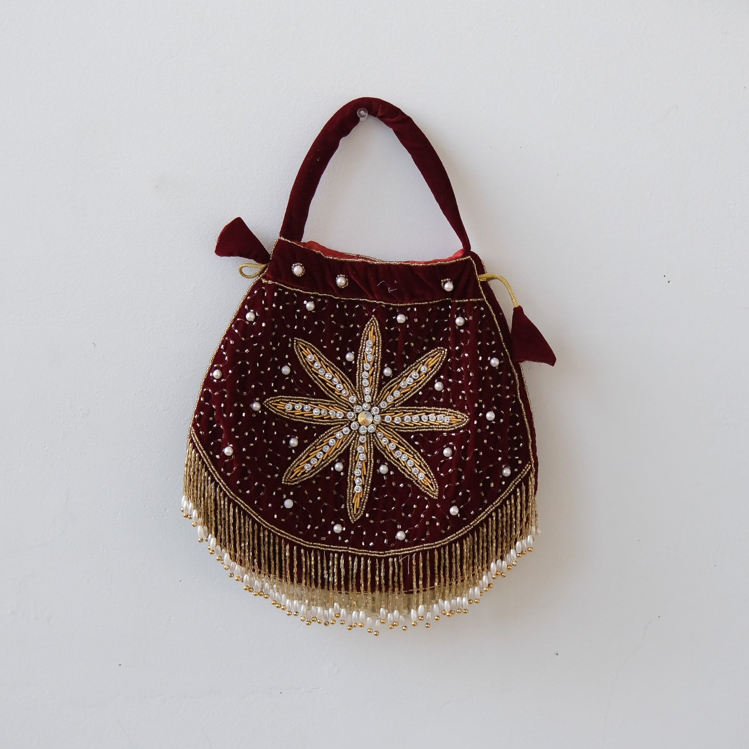 Handmade Velvet Embroidered Potli Bag with Beadwork & Pearl Fringe