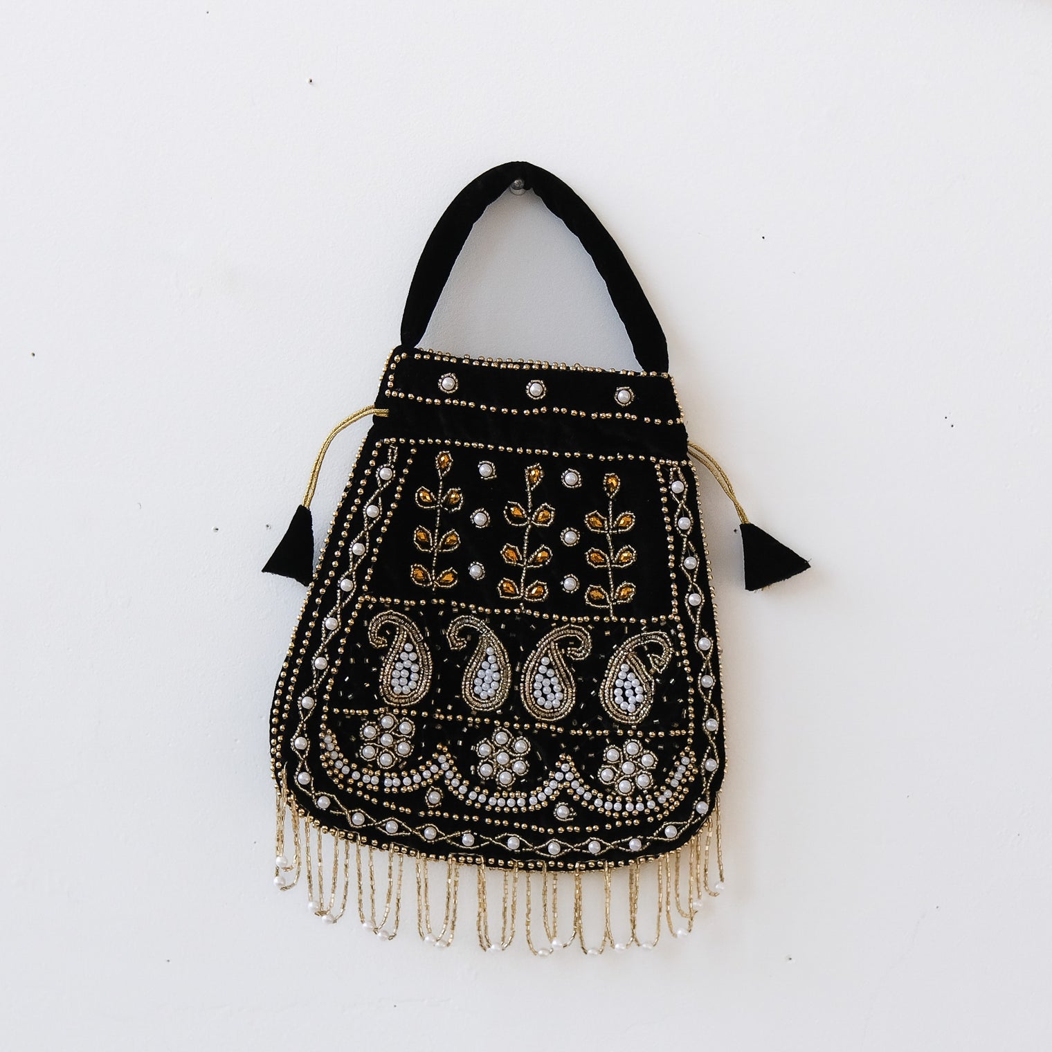 Handmade Velvet Embroidered Potli Bag with Beadwork & Pearl Fringe