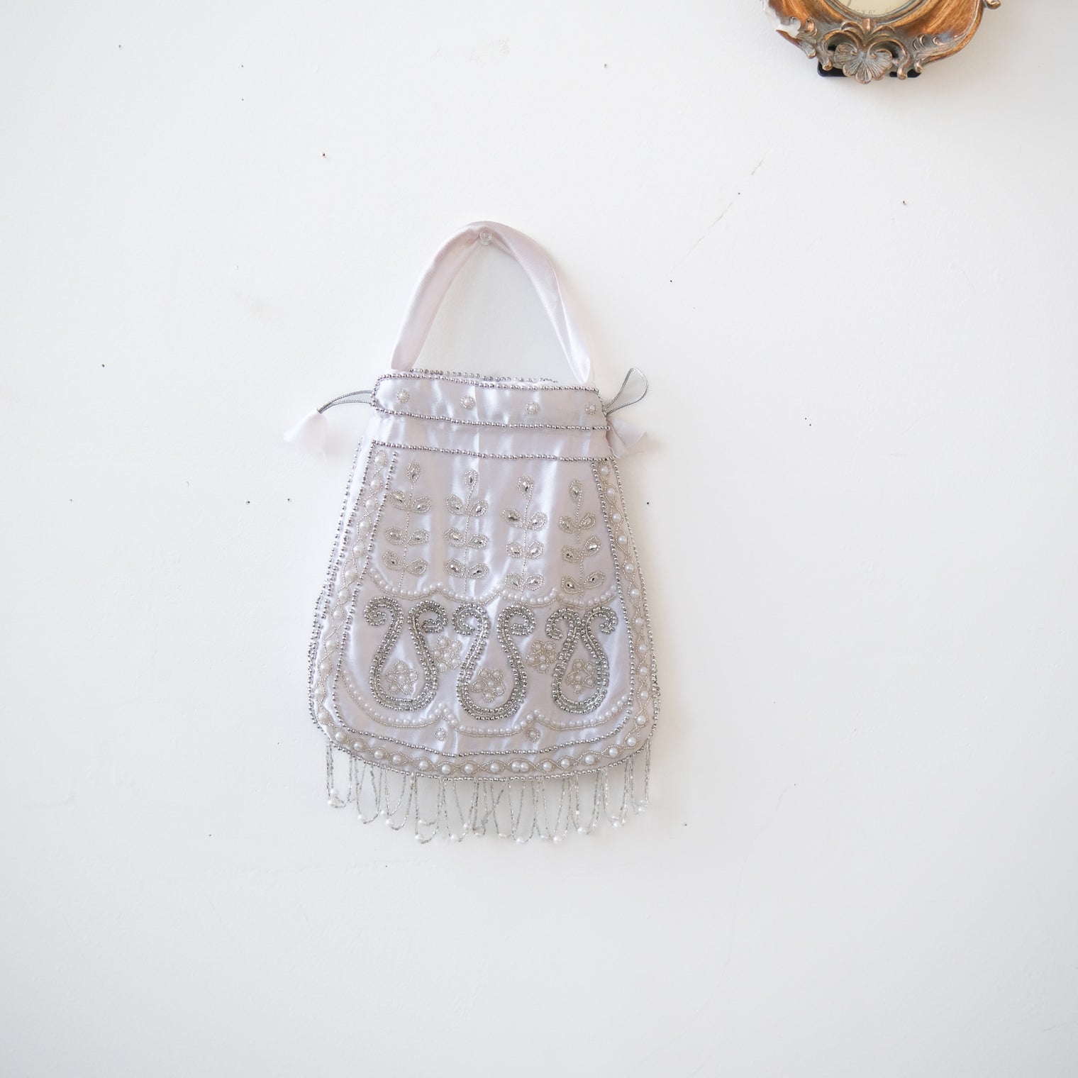 Handmade Velvet Embroidered Potli Bag with Beadwork & Pearl Fringe