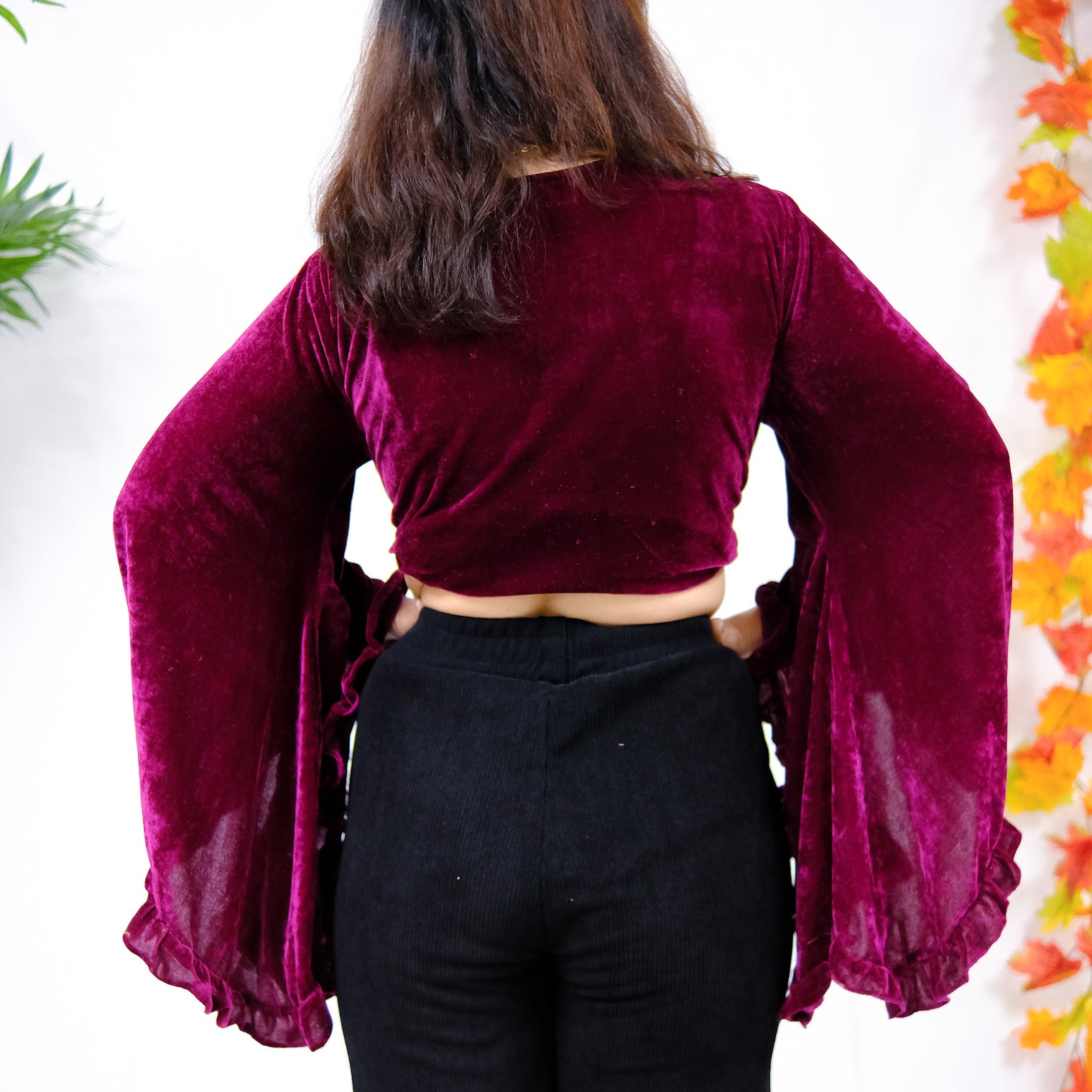 Velvet Boho Wrap Top with Ruffle Sleeve