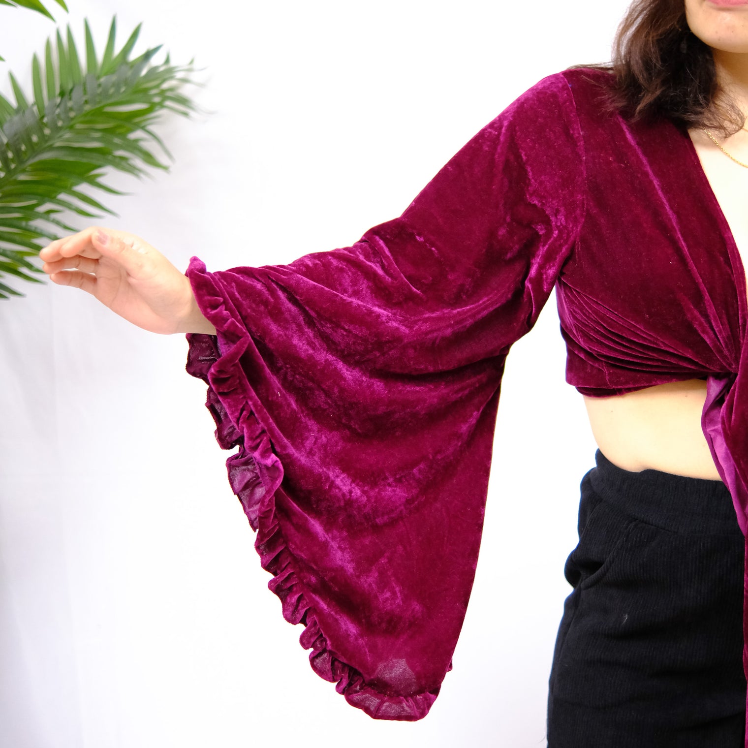 Velvet Boho Wrap Top with Ruffle Sleeve