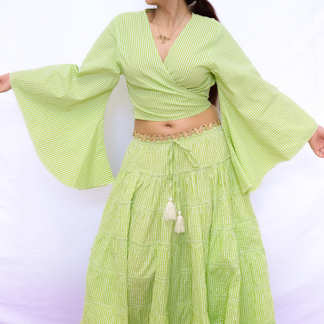 Gingham Cotton Bell Sleeve Wrap Top