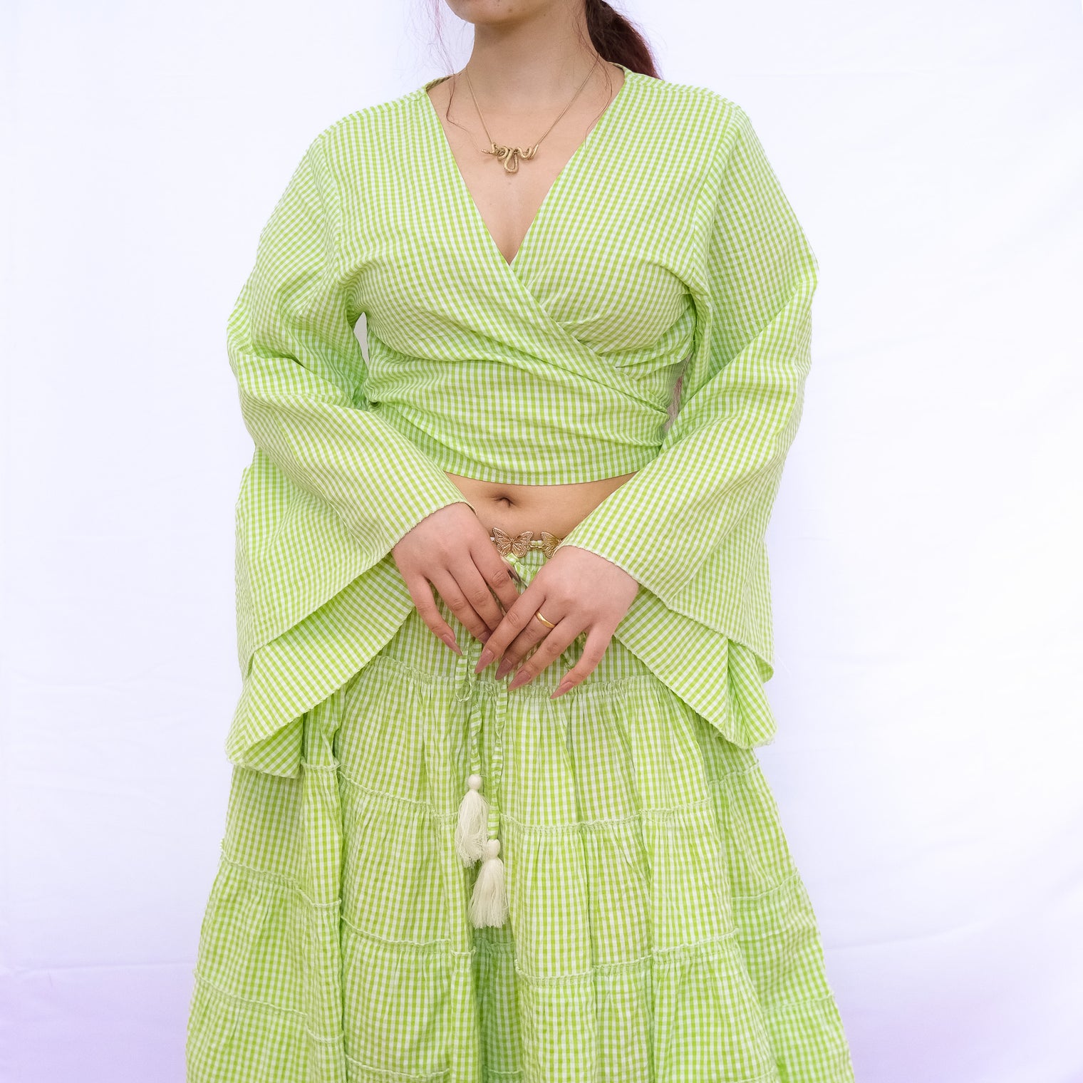 Gingham Cotton Bell Sleeve Wrap Top