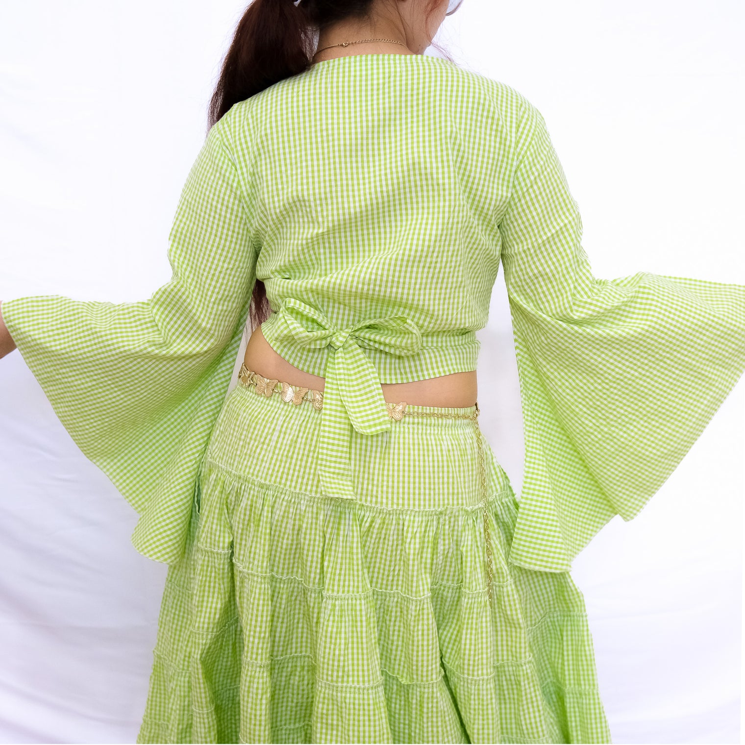 Gingham Cotton Bell Sleeve Wrap Top