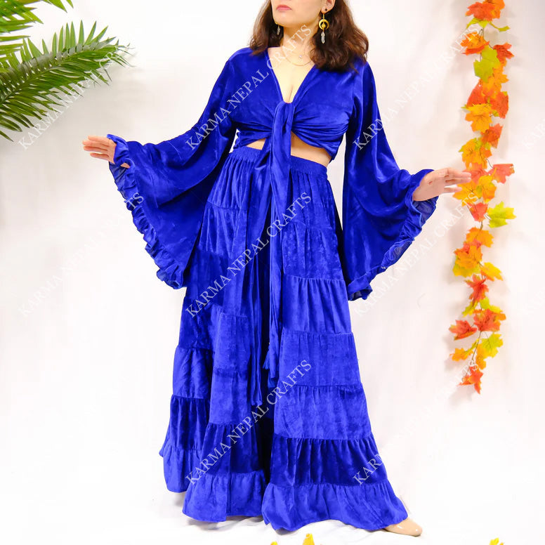 Bohemian Style Flowy Velvet Skirt Set with Ruffle Top