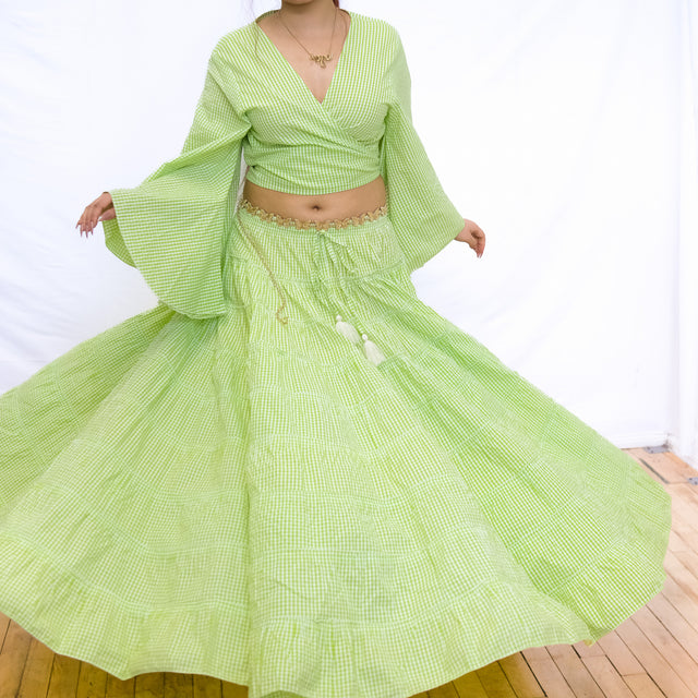 Gingham Long Skirt and Bell Sleeve Top