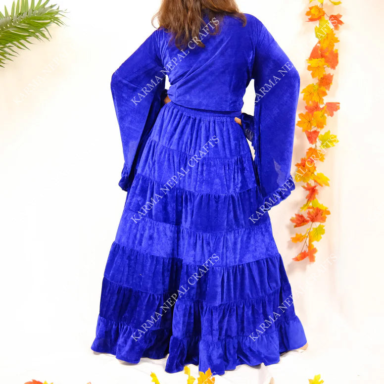 Bohemian Style Flowy Velvet Skirt Set with Ruffle Top