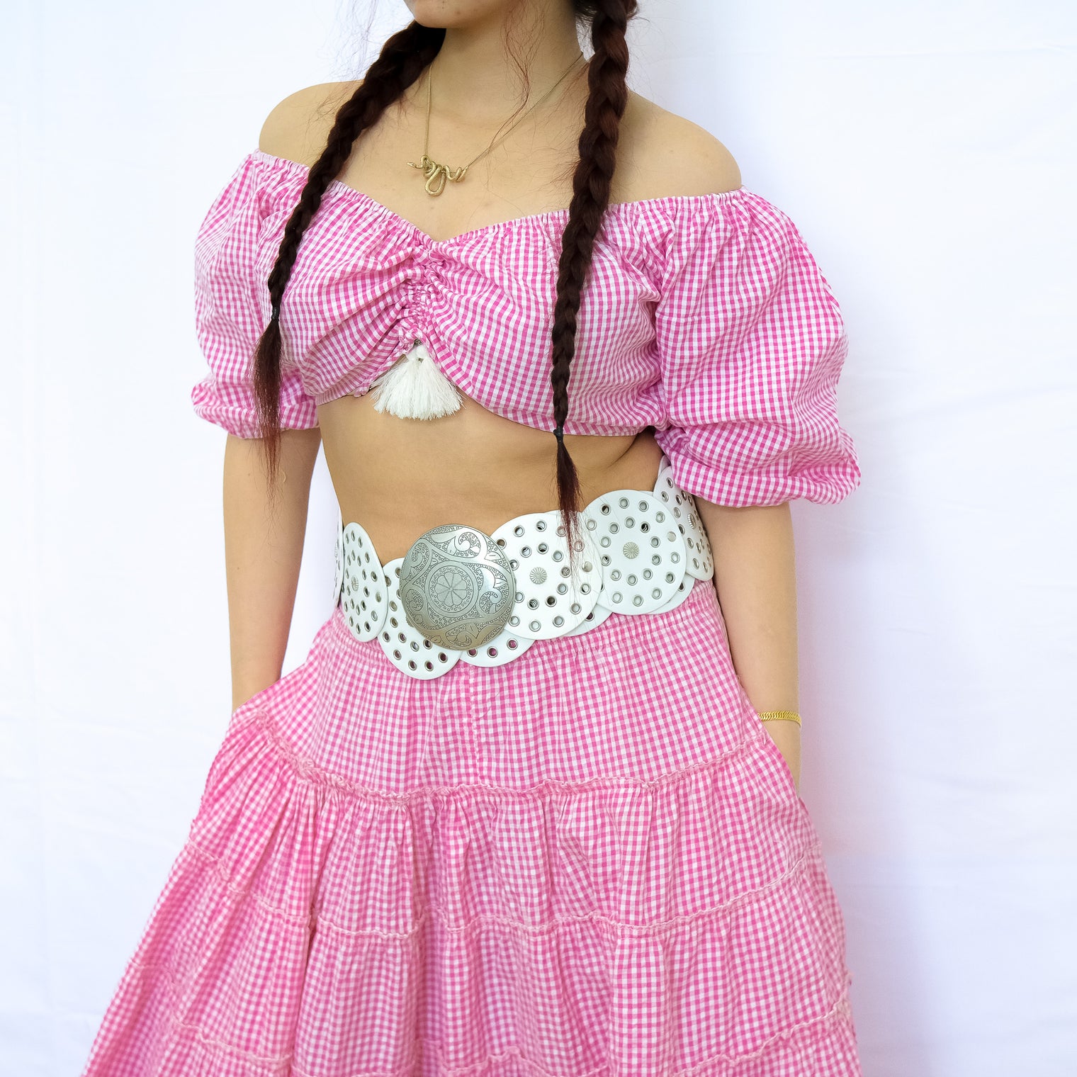Gingham Flowy Skirt with Puff Sleeve Top