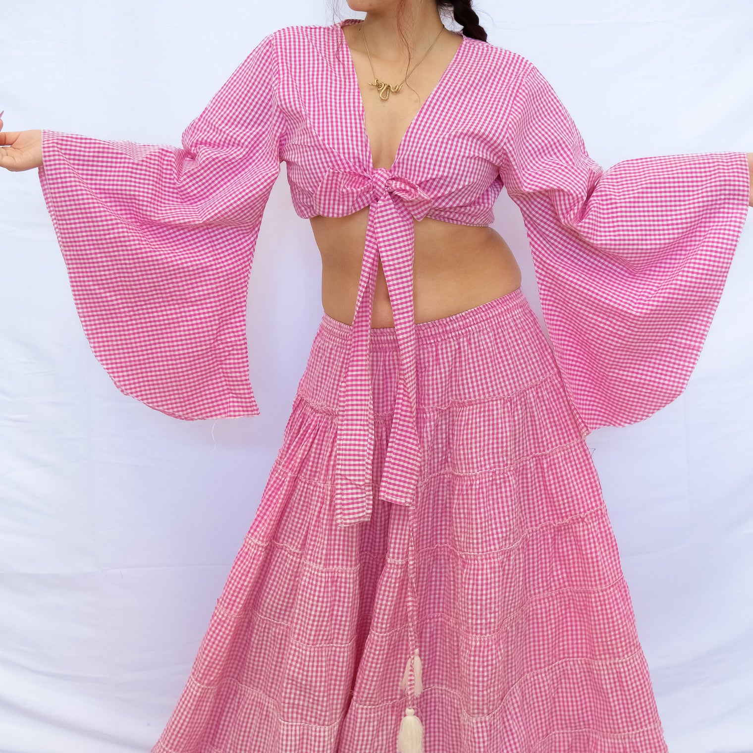 Gingham Cotton Bell Sleeve Wrap Top