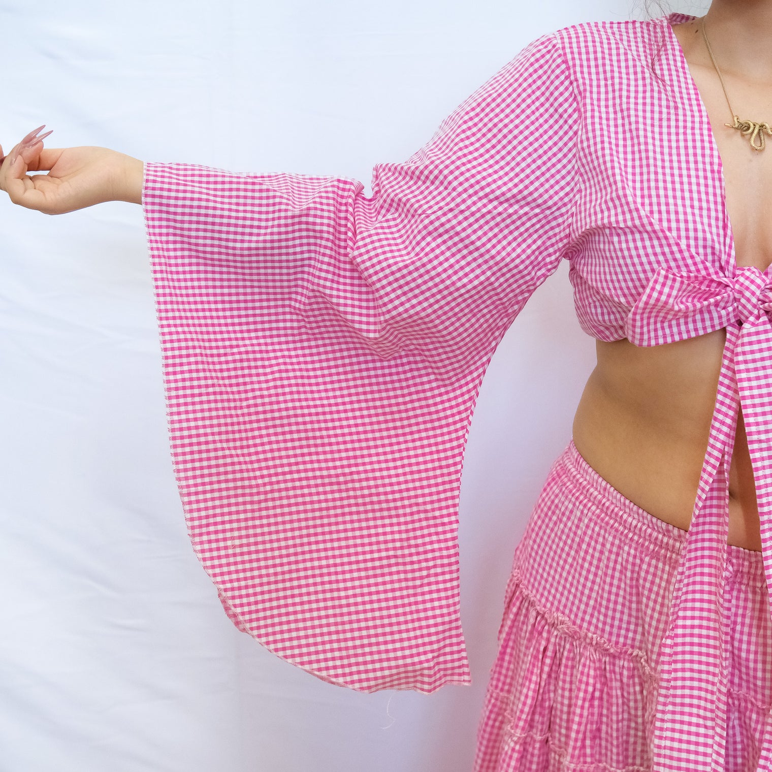 Gingham Cotton Bell Sleeve Wrap Top