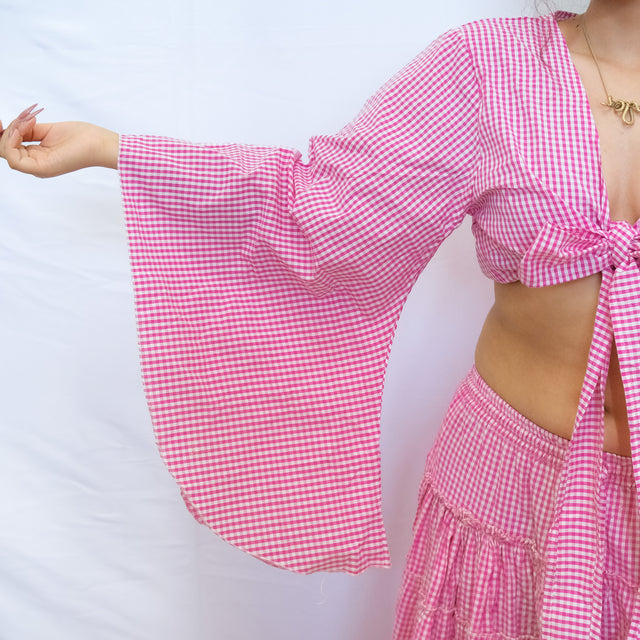 Gingham Cotton Bell Sleeve Wrap Top