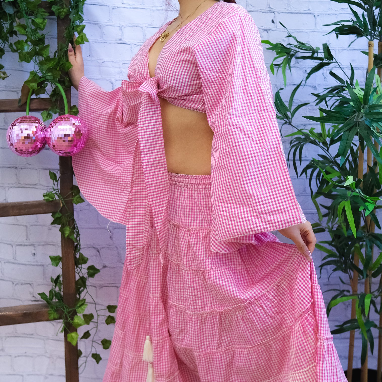 Gingham Long Skirt and Bell Sleeve Top