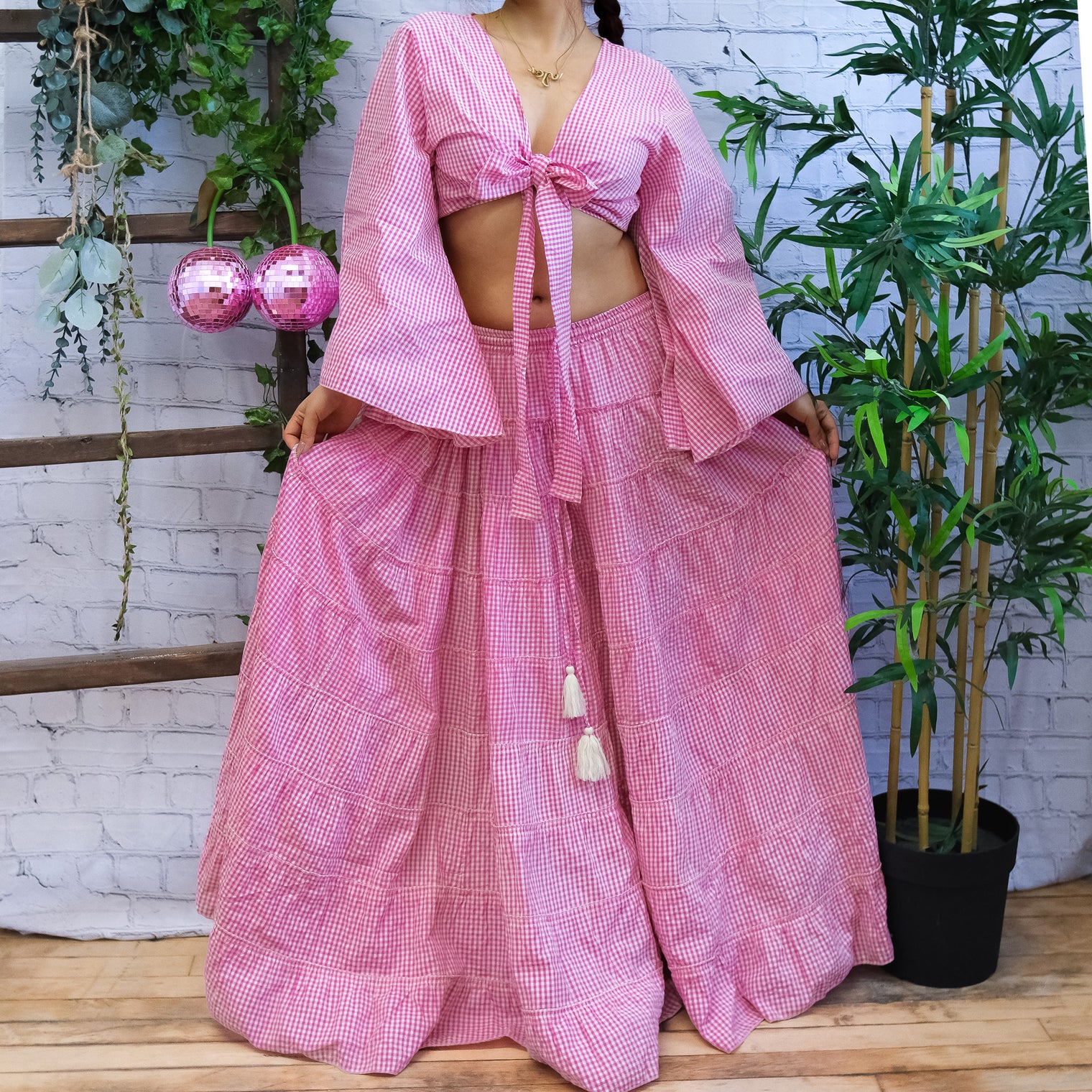 Gingham Long Skirt and Bell Sleeve Top