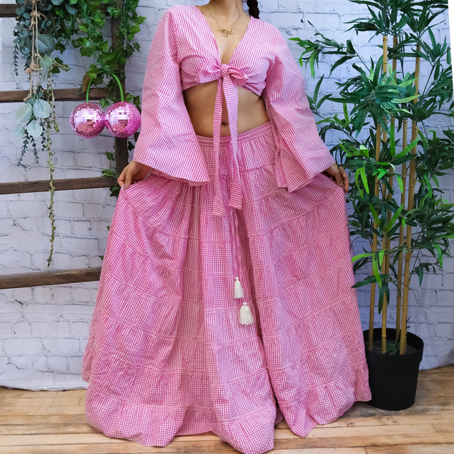 Gingham Long Skirt and Bell Sleeve Top