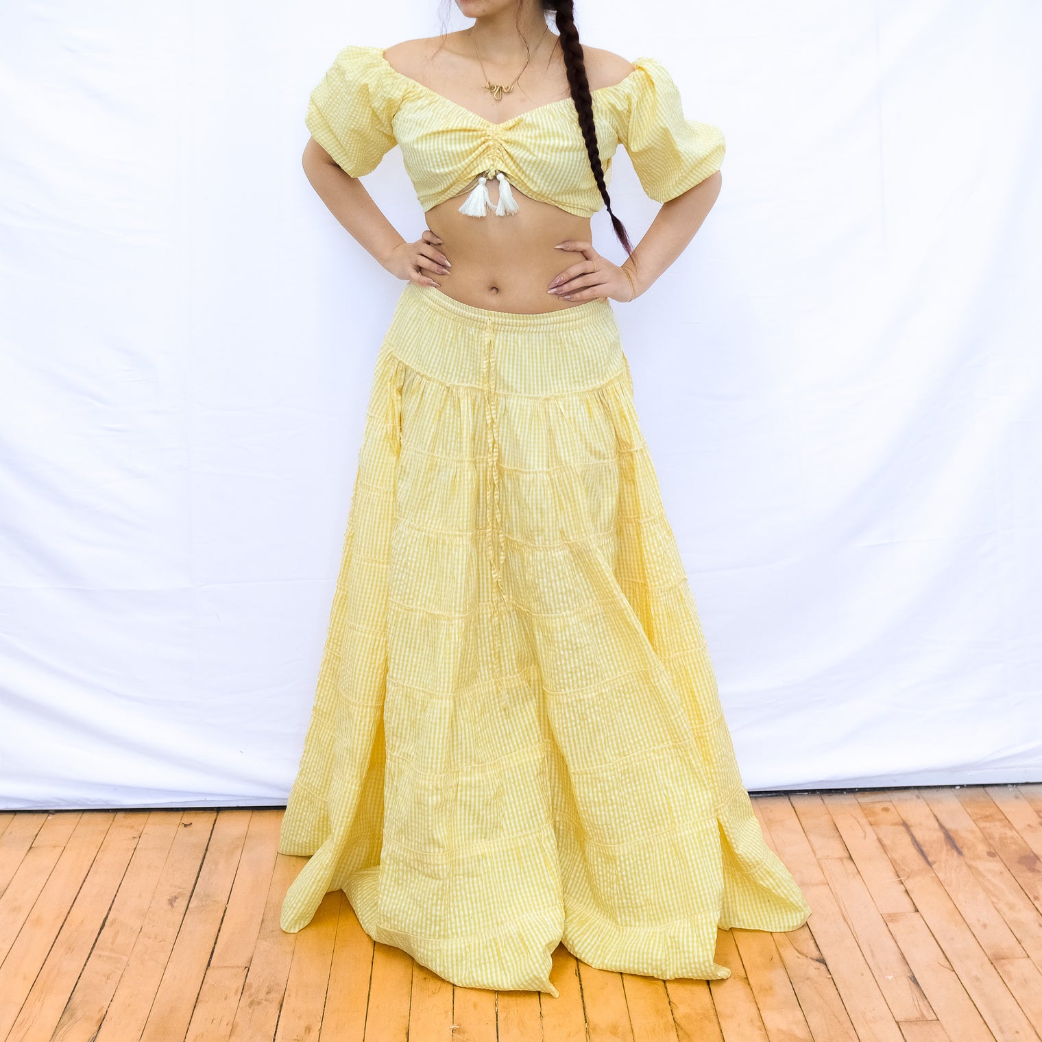 Gingham Flowy Skirt with Puff Sleeve Top