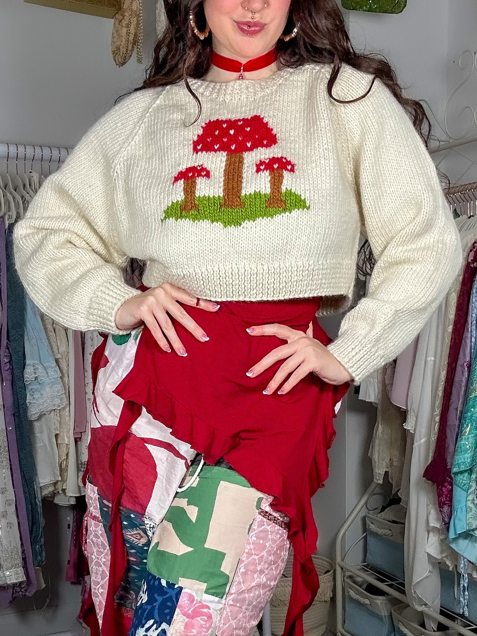 Fairycore Mushroom Knit Crop Sweater