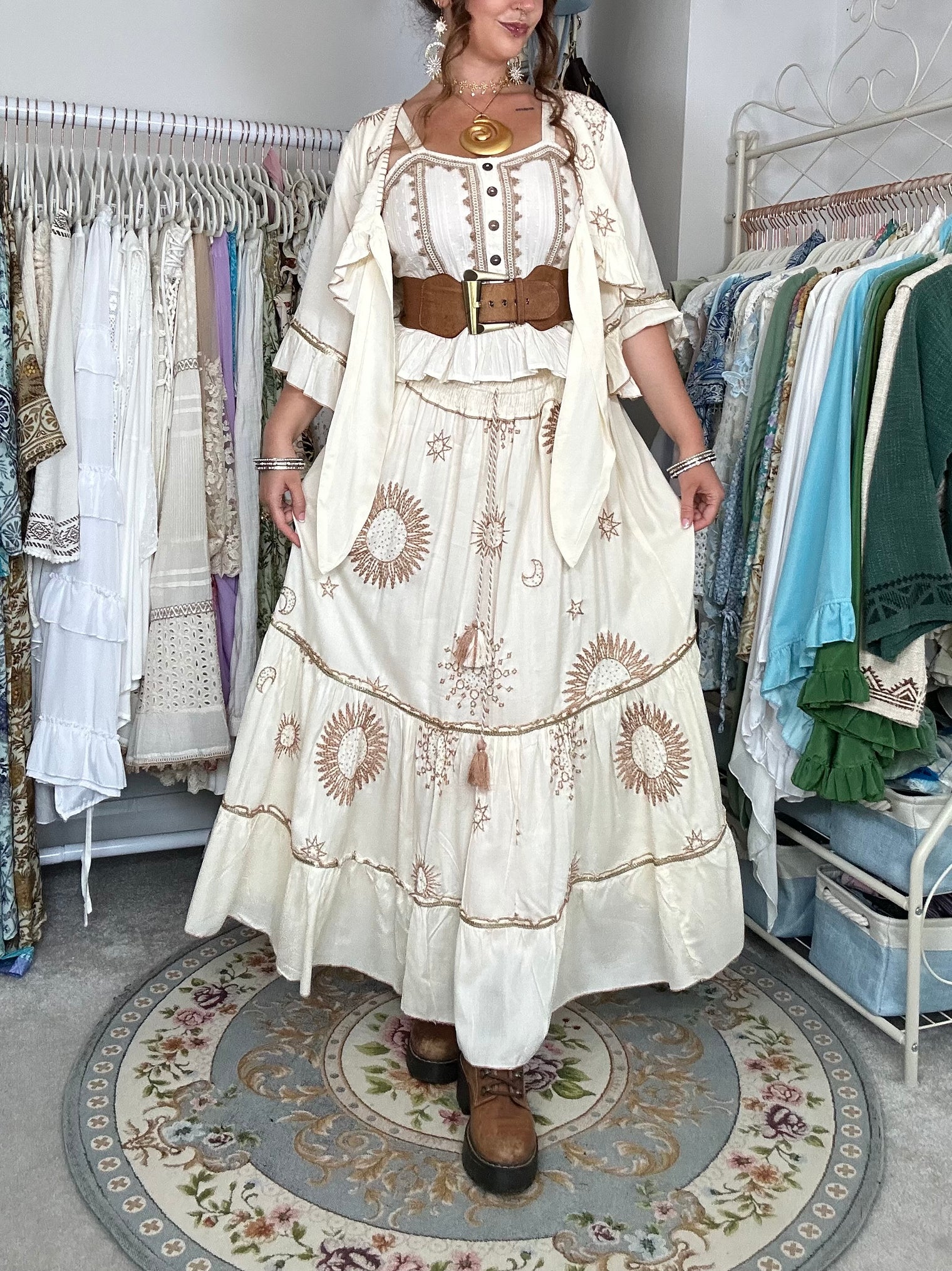 Bohemian Embroidery Skirt with Ruffle Sleeve Top