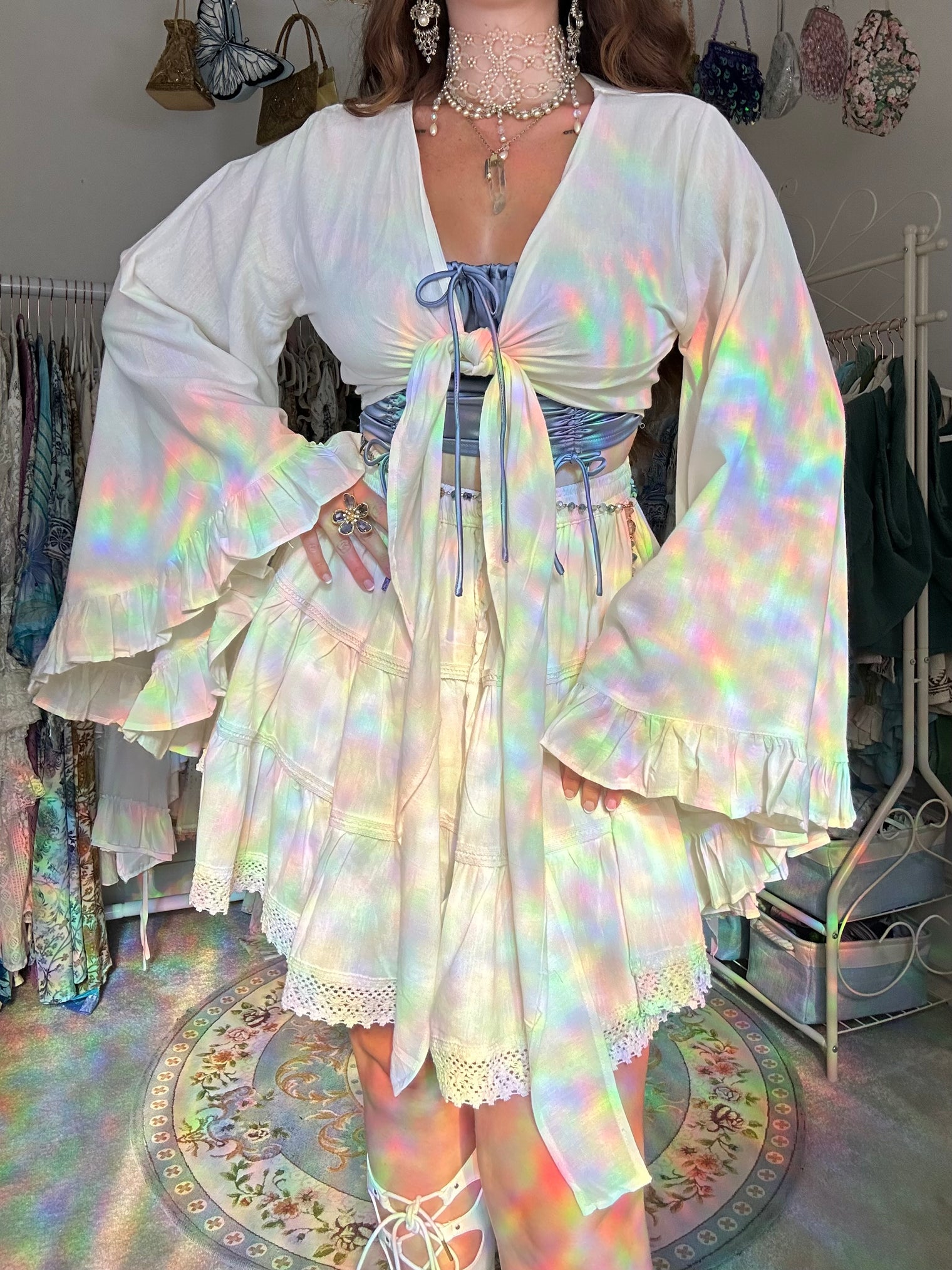 Lace Meadow Mini Skirt with Ruffle Sleeve Top