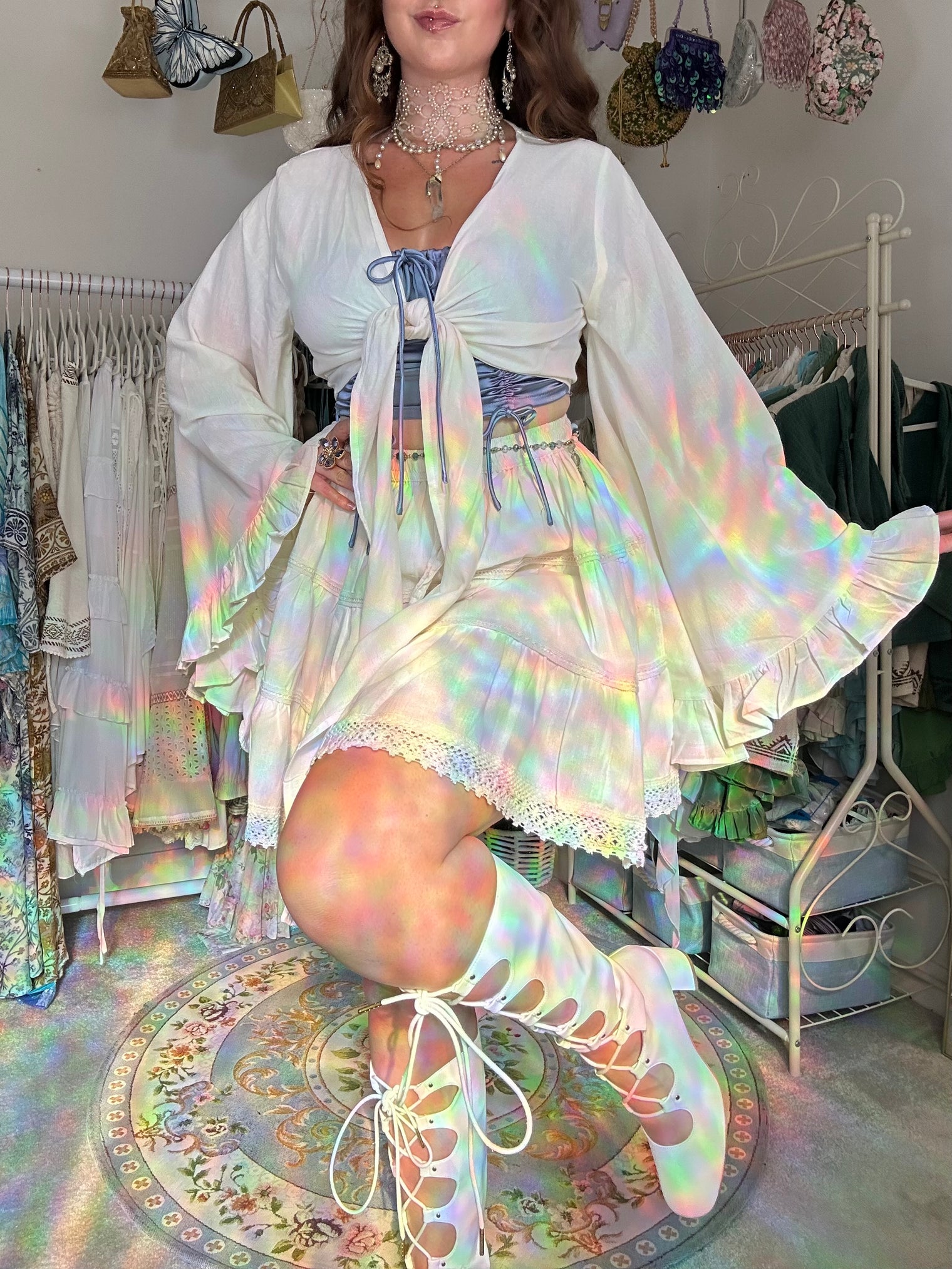 Lace Meadow Mini Skirt with Ruffle Sleeve Top