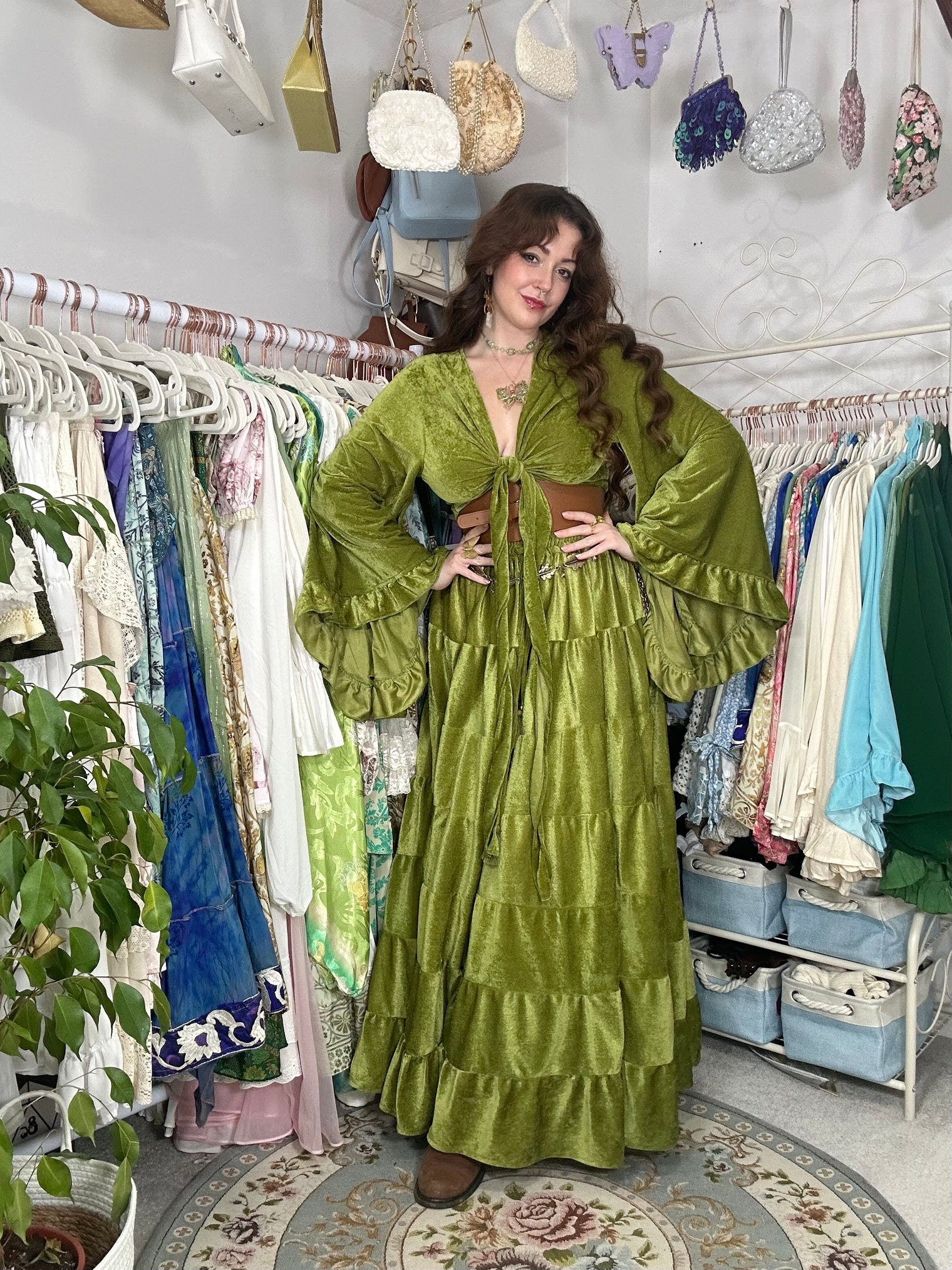 Bohemian Style Flowy Velvet Skirt Set with Ruffle Top