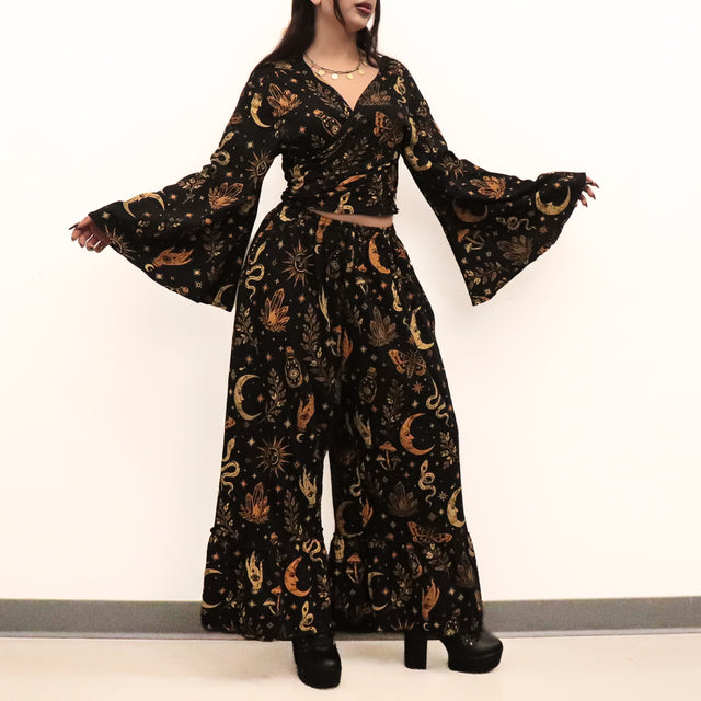 Witchy Boho Bell Sleeve Top and Wide Leg Pants Set