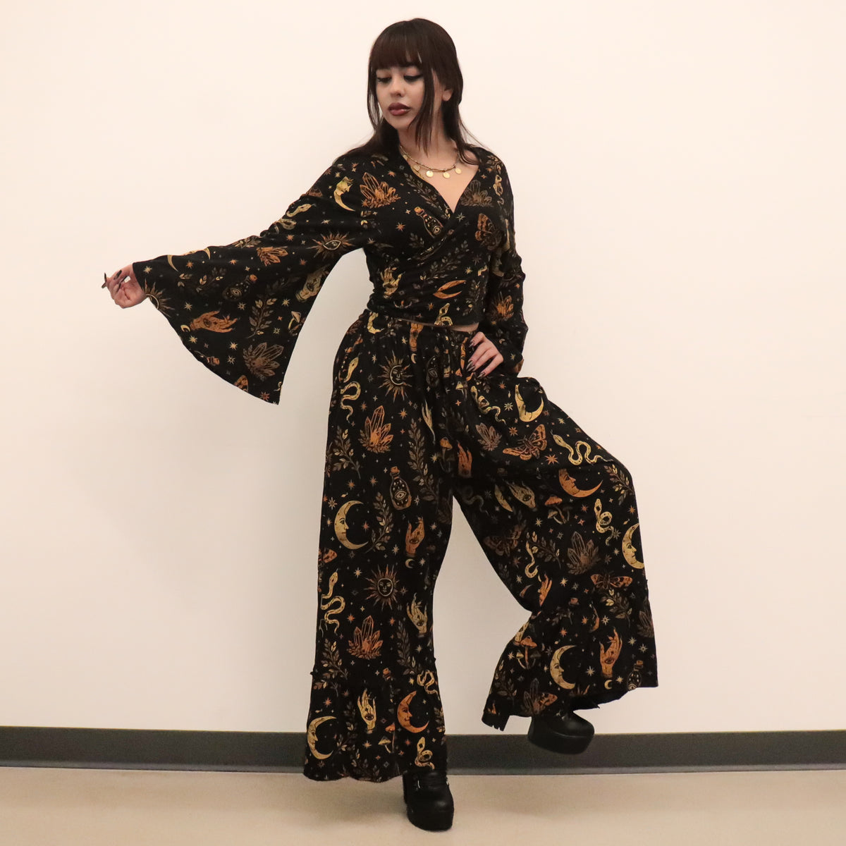 Witchy Boho Bell Sleeve Top and Wide Leg Pants Set