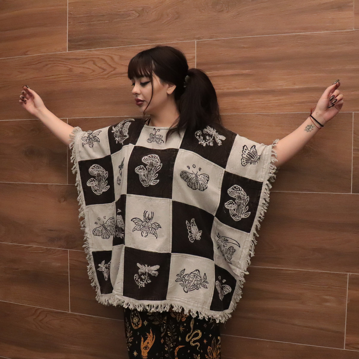 Boho Patchwork Butterfly Poncho Top with Fringe