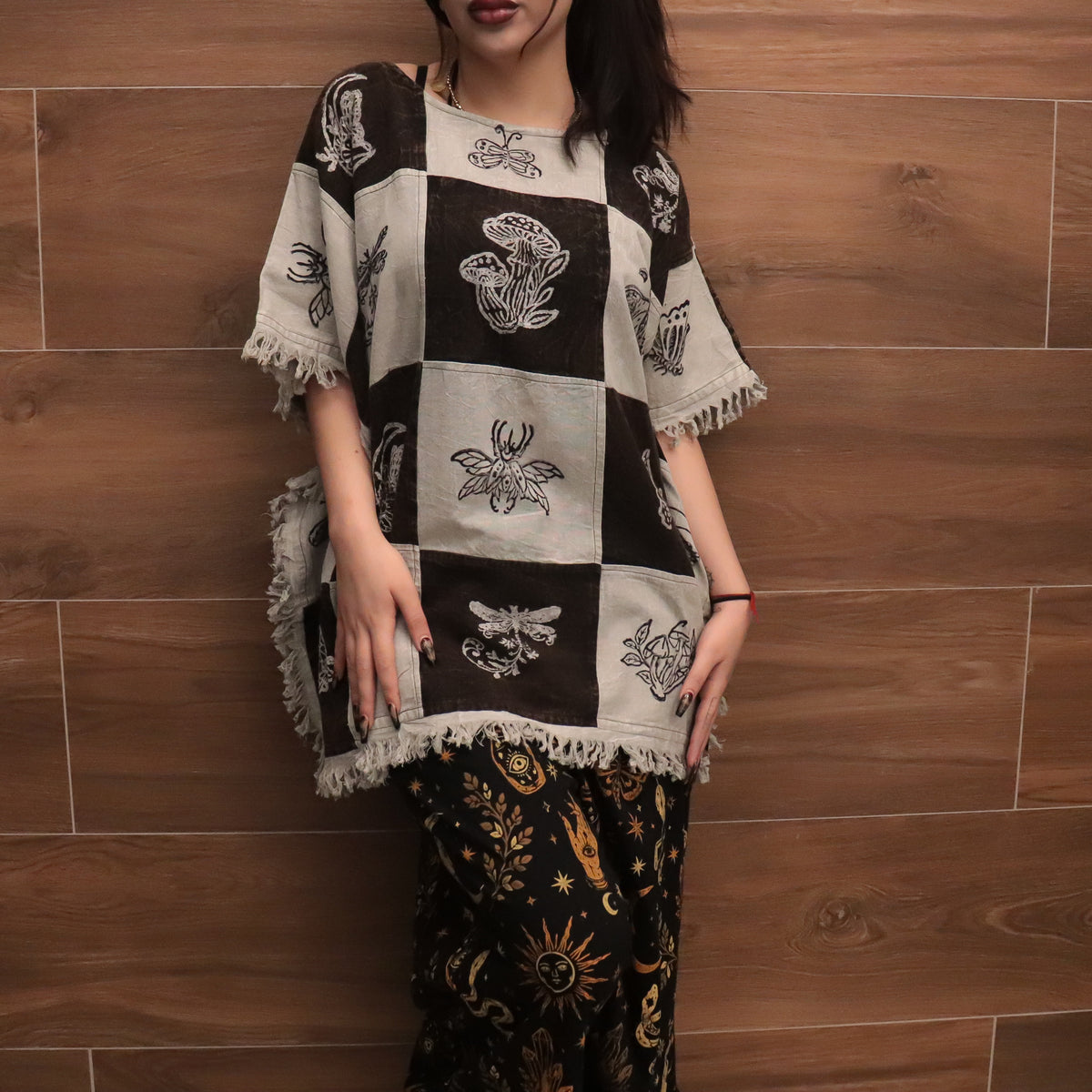 Boho Patchwork Butterfly Poncho Top with Fringe