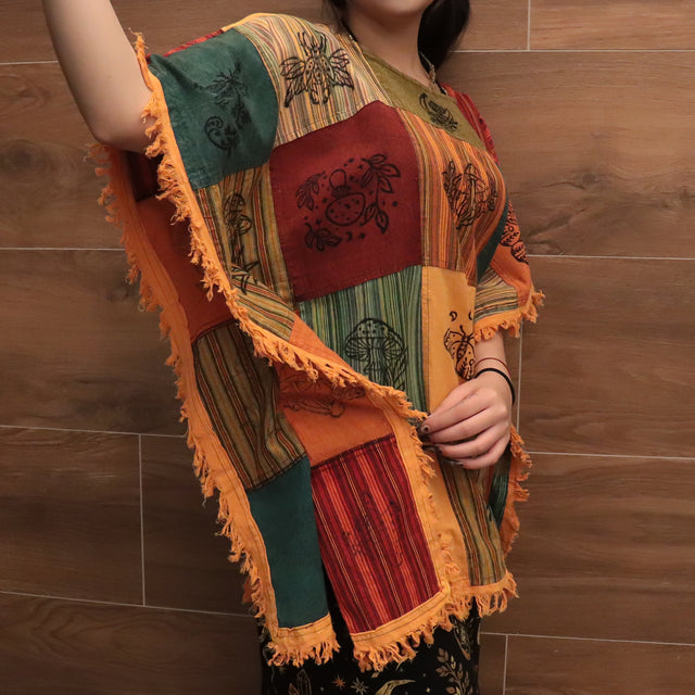 Boho Patchwork Butterfly Poncho Top with Fringe