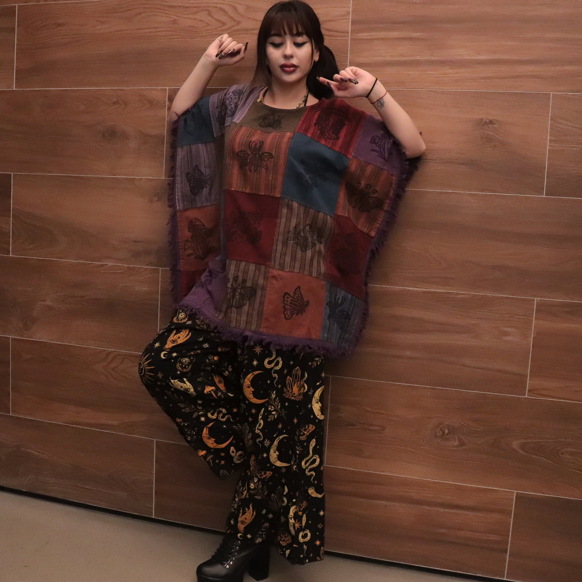 Boho Patchwork Butterfly Poncho Top with Fringe