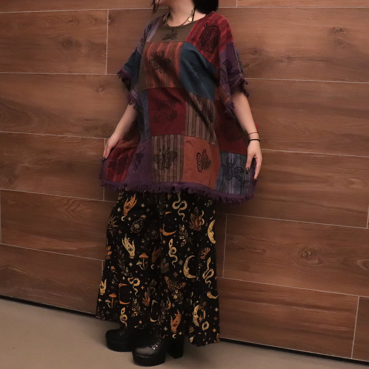 Boho Patchwork Butterfly Poncho Top with Fringe