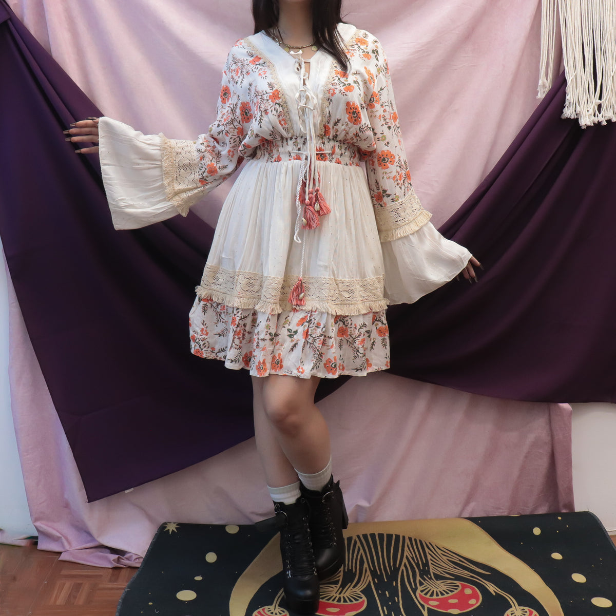 Whimsical Floral Lace Mini Dress with Shell Accents