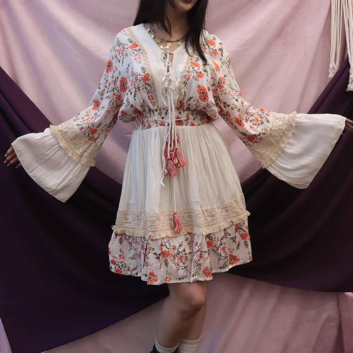 Whimsical Floral Lace Mini Dress with Shell Accents