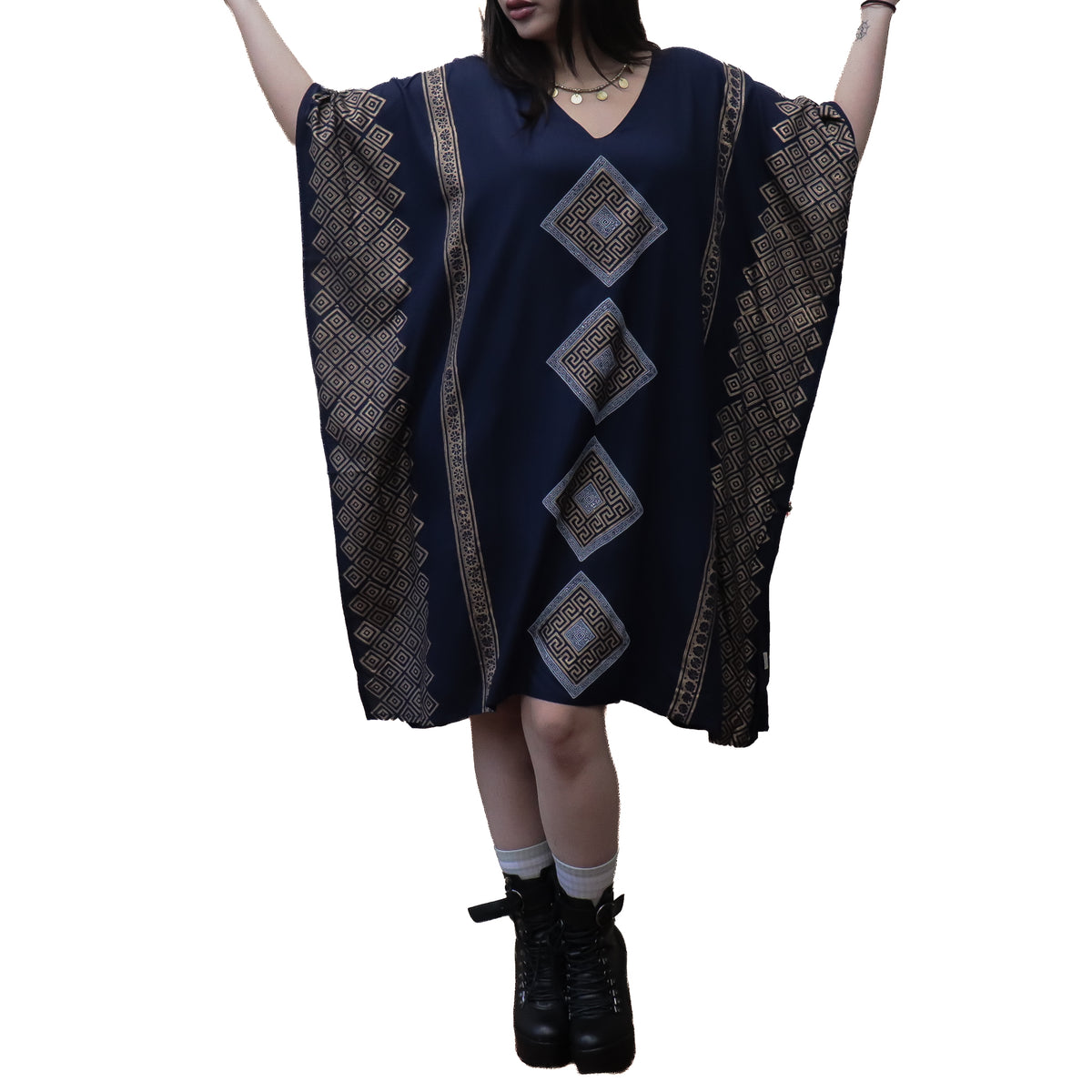 Shimmering Gold Block Print Boho Kaftan Dress