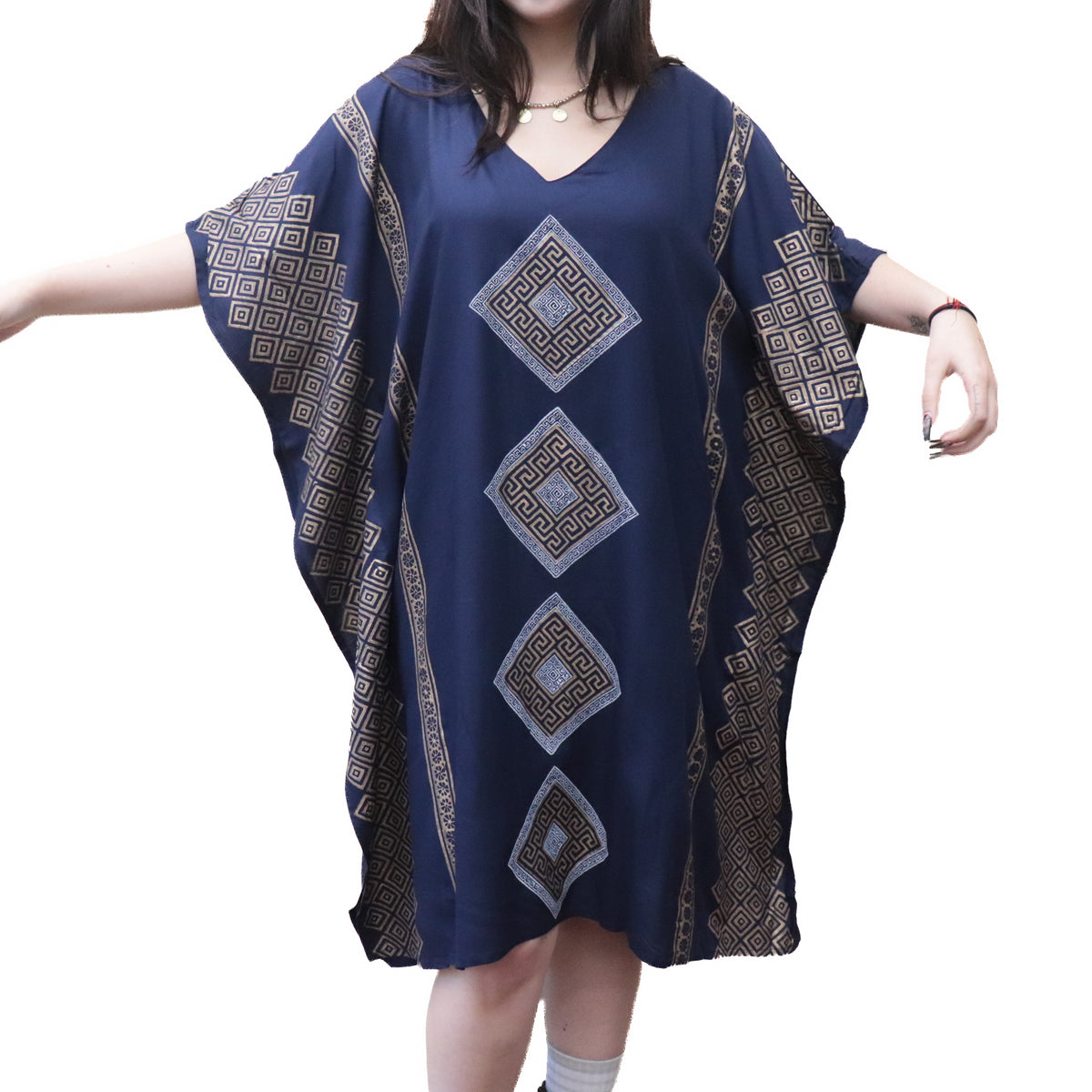 Shimmering Gold Block Print Boho Kaftan Dress