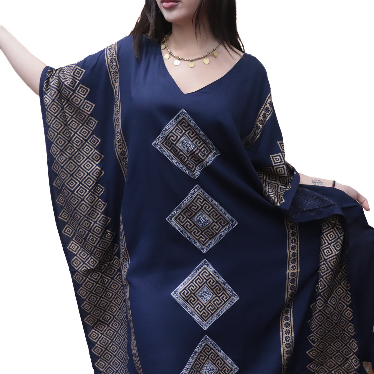 Shimmering Gold Block Print Boho Kaftan Dress