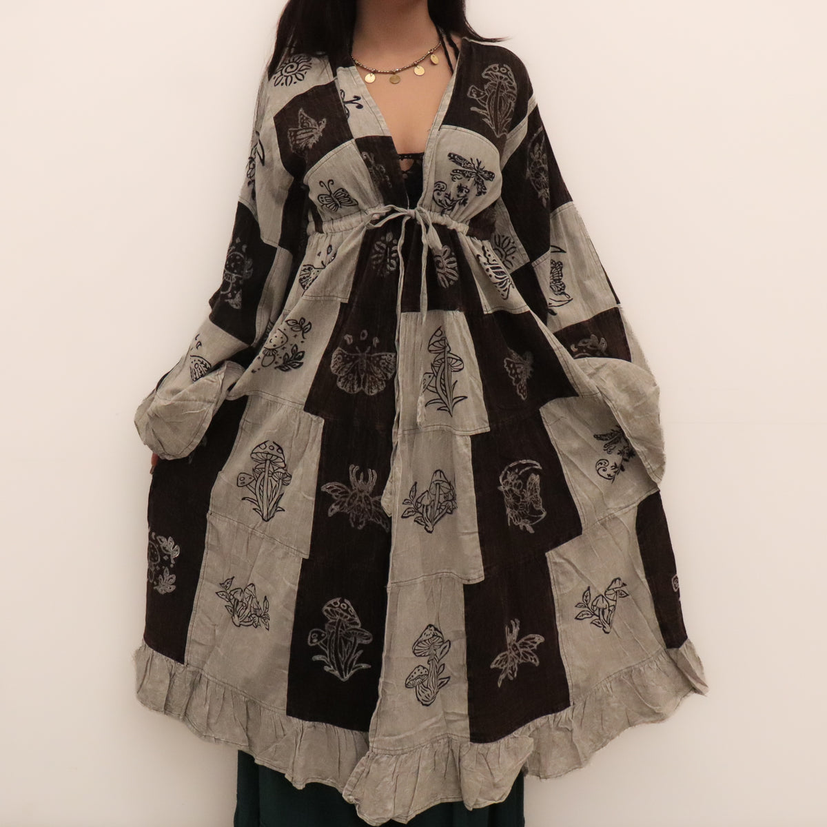 Boho Patchwork Ruffle Sleeve Long Duster