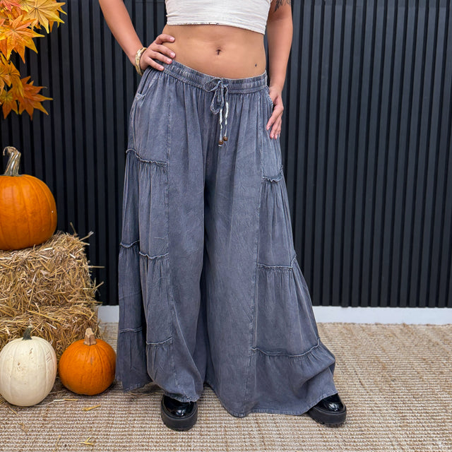 Stonewashed Boho Wide Leg Palazzo Pants