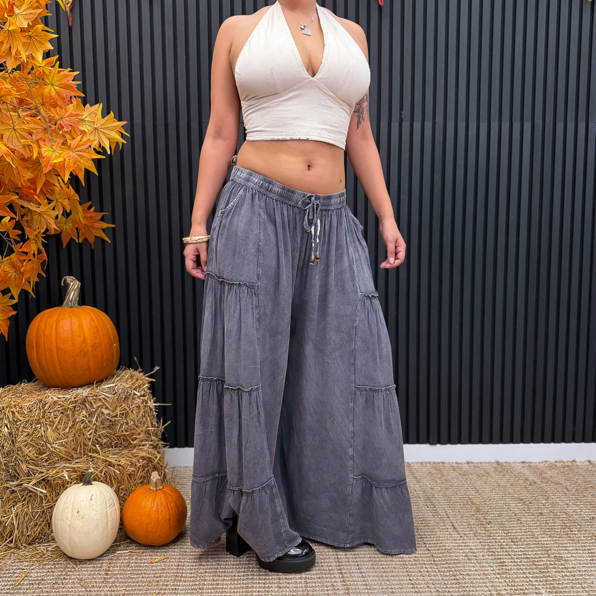 Stonewashed Boho Wide Leg Palazzo Pants
