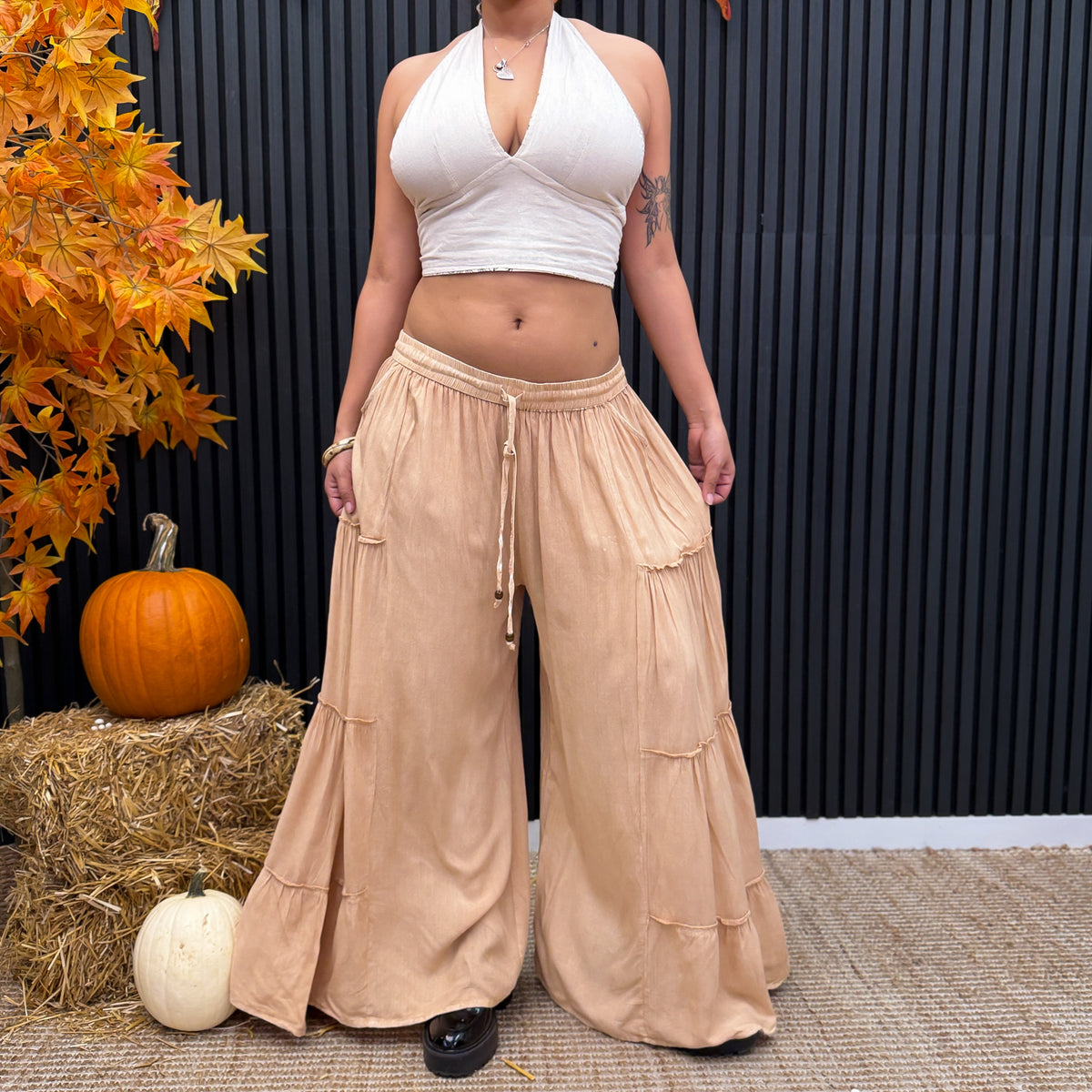 Stonewashed Boho Wide Leg Palazzo Pants