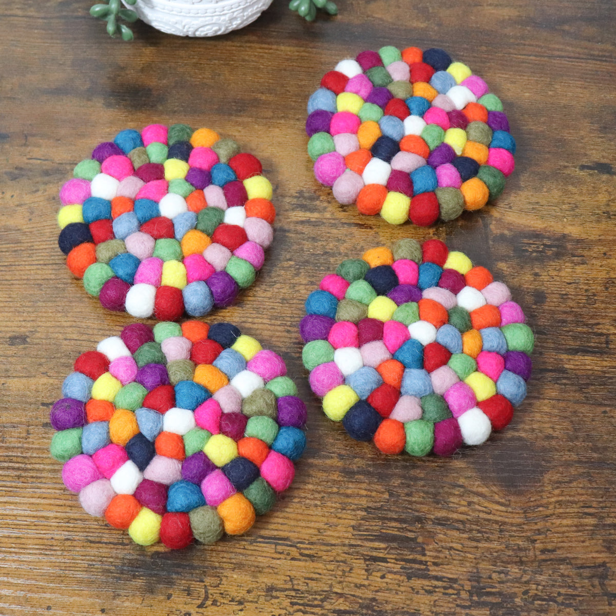 Handmade Multicolor Wool Felt Ball Trivet and Coaster Set
