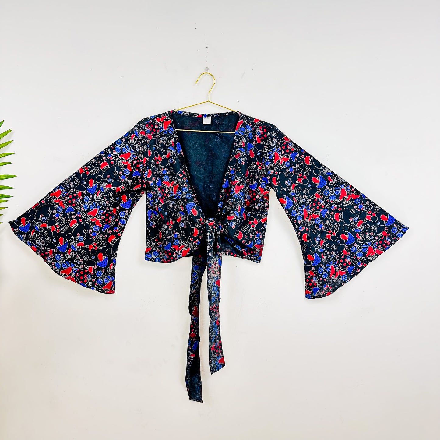 Bell Sleeve Mushroom Print Cotton Tie Top