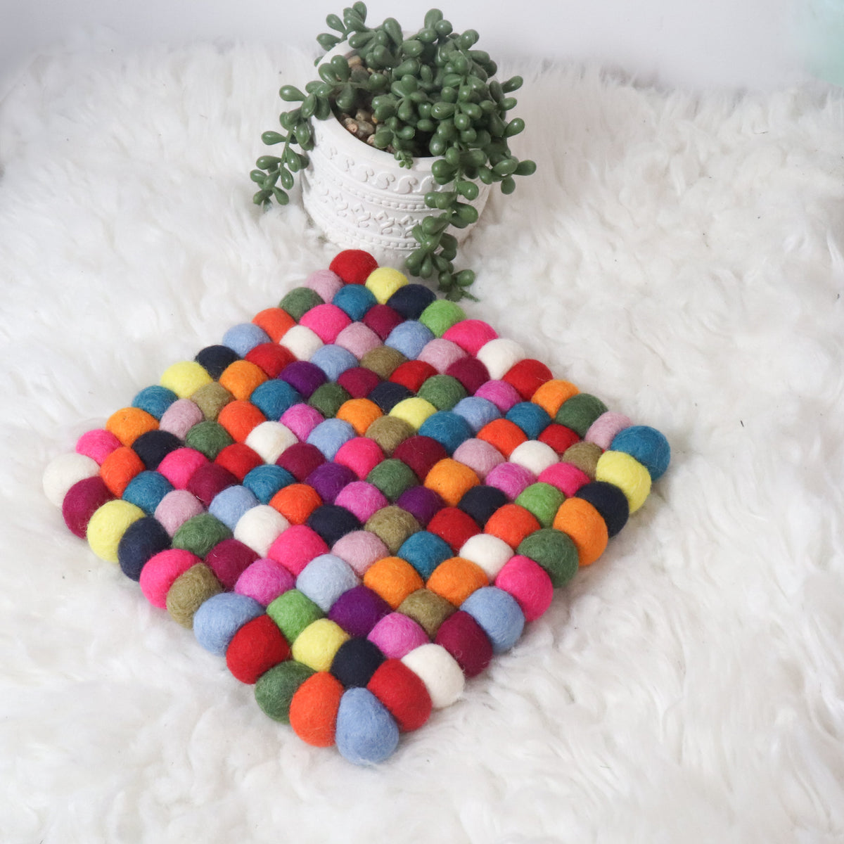 Handmade Multicolor Square Wool Felt Ball Trivet